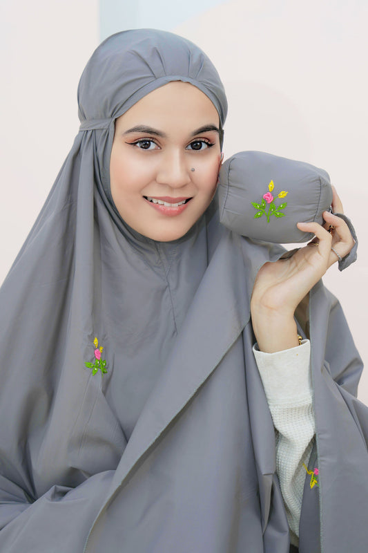 Pocketable Travel Telekung In Grey Prayer Wear