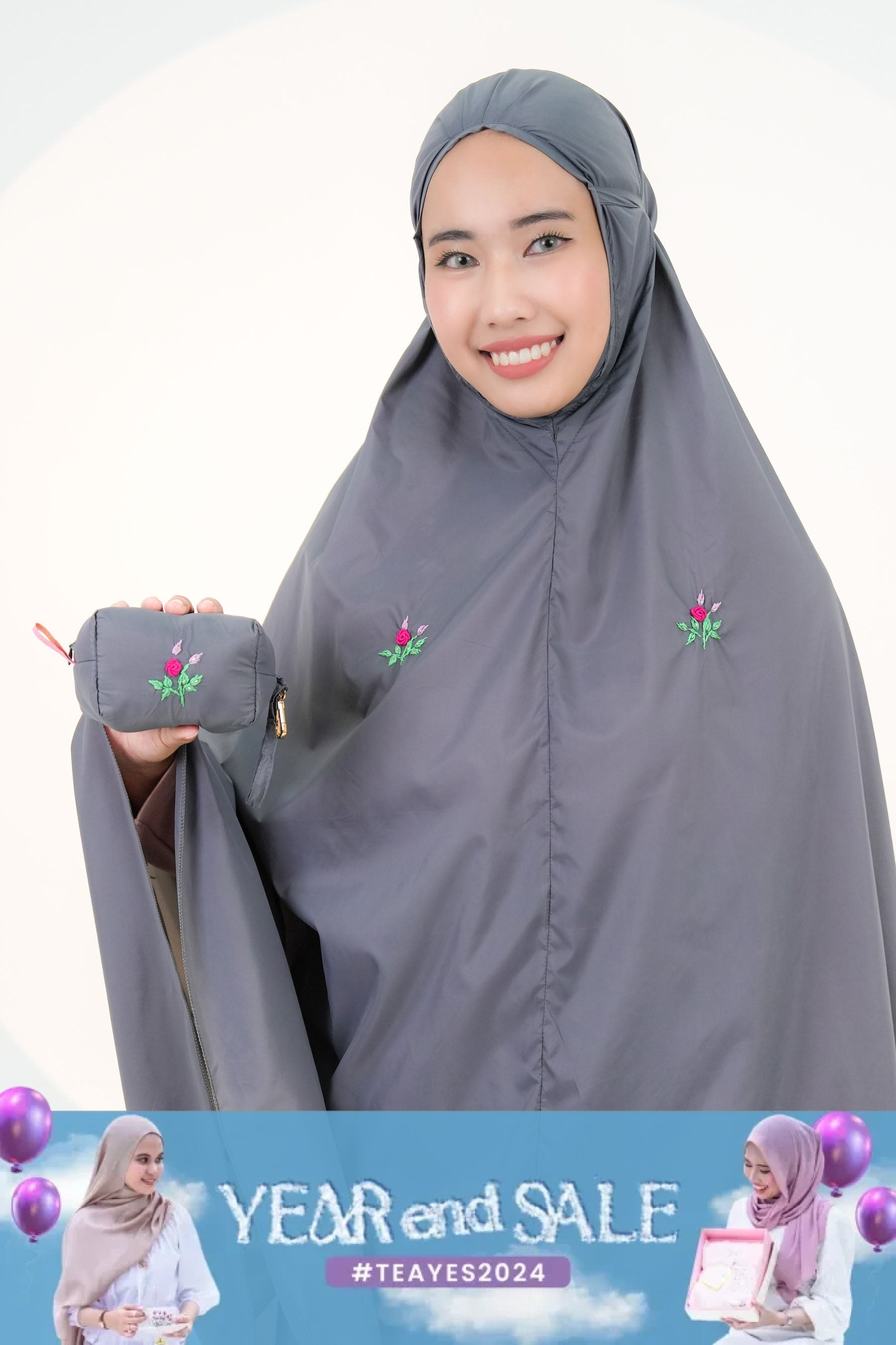 Pocketable Travel Telekung In Ash Grey Prayer Wear