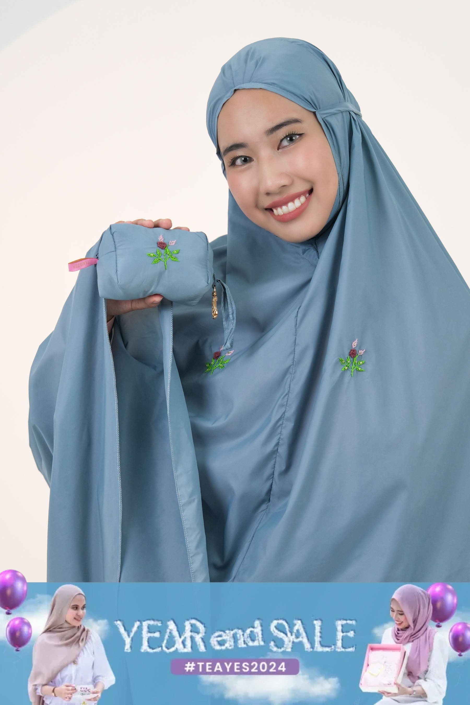 Pocketable Travel Telekung In Steel Blue Prayer Wear