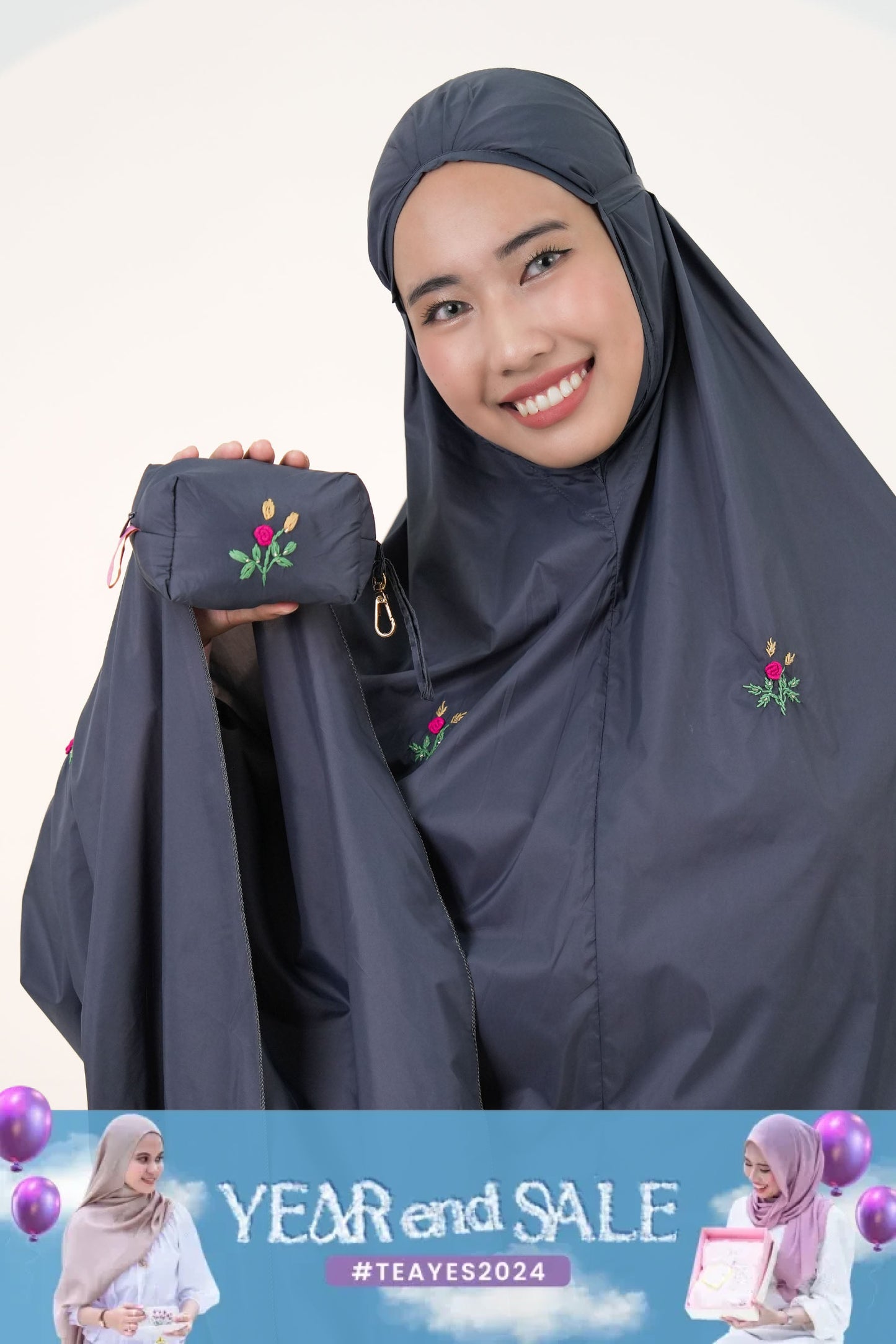 Pocketable Travel Telekung In Steel Grey Prayer Wear