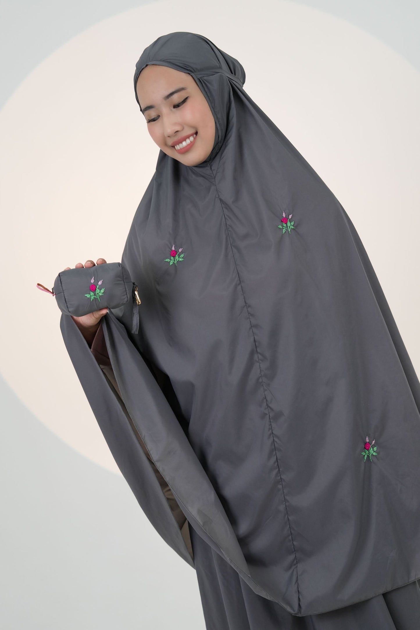 Pocketable Travel Telekung In Ash Grey Prayer Wear